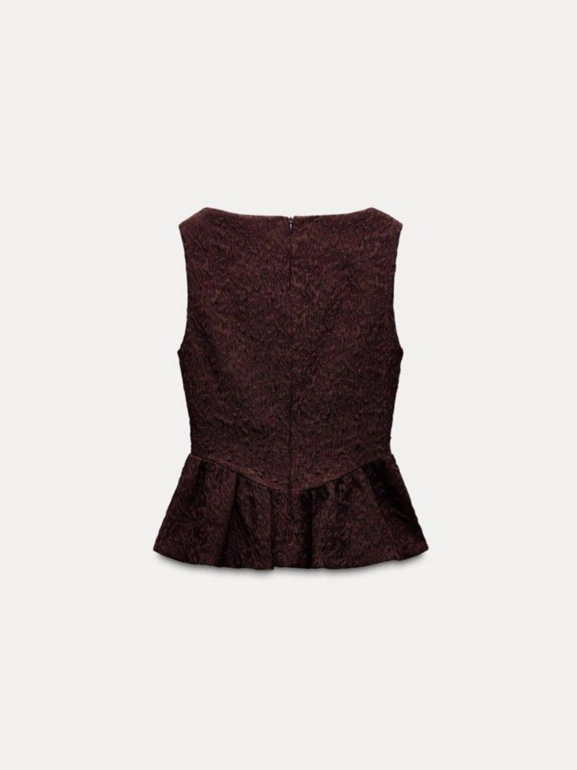 Zara Jacquard Brown Peplum (Category: Sleeveless) located in Pagsanjan. Submitted by decluttersaur (Listing ID 1407042320, Image 2). Description: bnwot, unused xs on tag no flaws last price alr ‼️KINDLY READ‼️ - accepting payment thru gcash only - no cod - shipping via J&T (price starts at 75) - no rush shipping - no ww pics unless uploaded - no return / exchange of items - no cancellations.