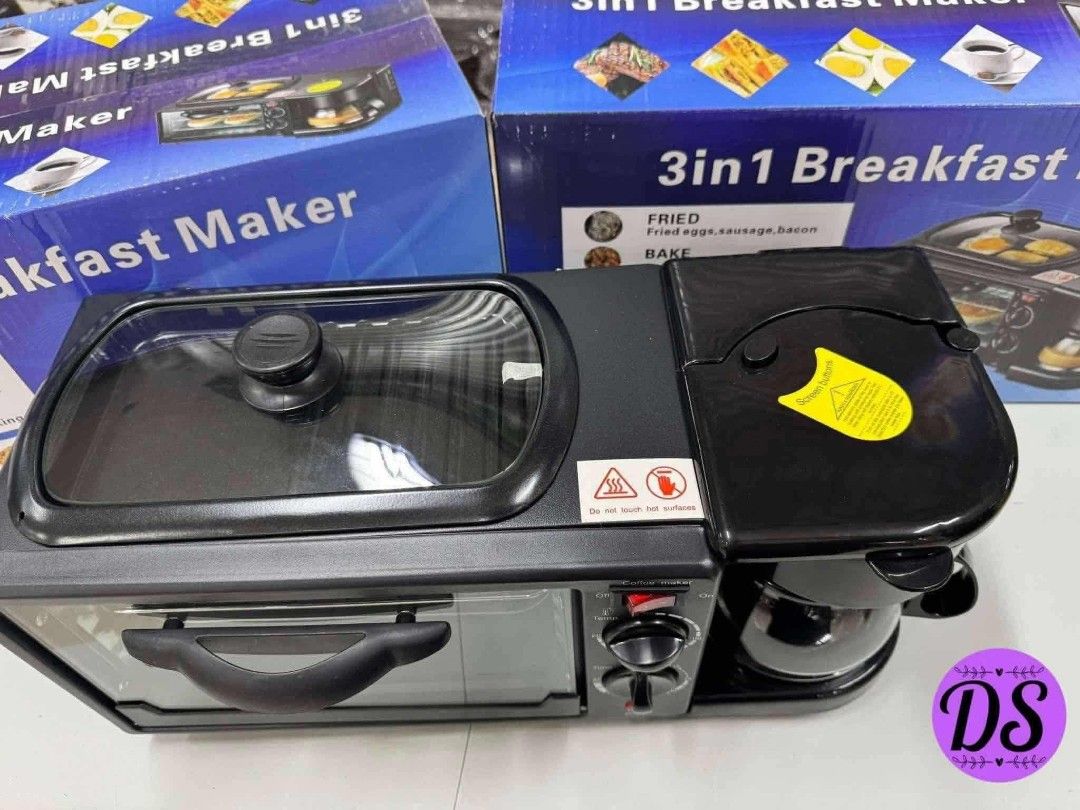 3-in-1 Breakfast Maker (Category: Coffee Machines & Makers) located in Mandaluyong City. Submitted by shopmla (Listing ID 1402194912, Image 3). Description: 3-in-1 breakfast maker includes a toaster oven, coffee maker, and griddle. It can fry eggs, sausage, and bacon. The toaster oven has a glass door and a timer. The coffee maker has an on/off switch. The griddle has a lid. Perfect for making a complete breakfast in one appliance..