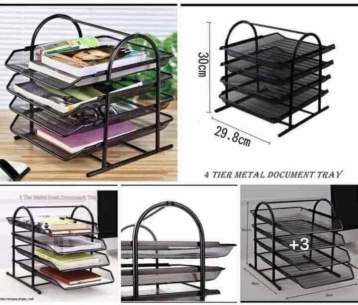 4-Tier Metal Document Tray (Category: Storage Boxes & Baskets) located in Manila. Submitted by yzcartph (Listing ID 1402193921, Image 2). Description: 4-tier metal document tray is perfect for organizing your documents, papers, and files. It has a black mesh design and a sturdy metal frame. The tray has a handle for easy carrying and is suitable for both home and office use. Dimensions are approximately 30cm height and 29.8cm width..