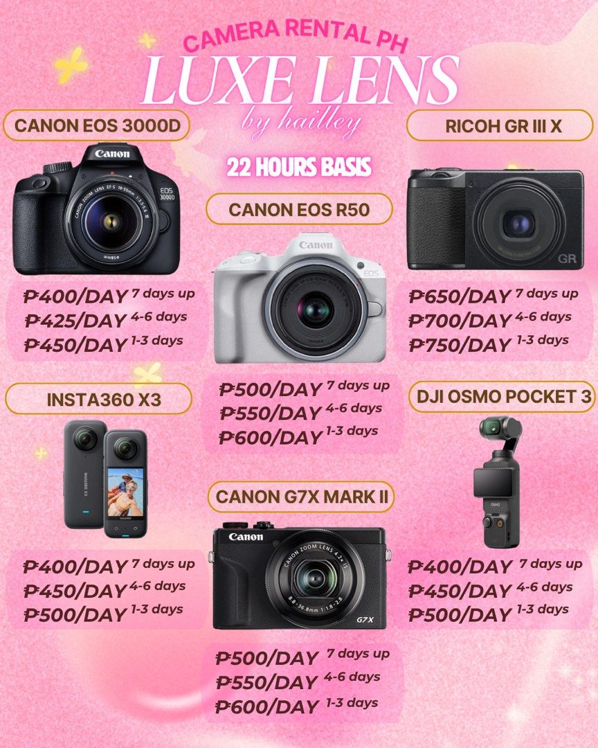 Canon EOS R50 FOR RENT (Category: Cameras) located in Manila. Submitted by waldorfsupremacy (Listing ID 1402266386, Image 3). Description: now accepting reservations for november 🤍🪽 available units: ᯓ𝜗𝜚⊹ g7x mark ii ᯓ𝜗𝜚⊹ ricoh gr iii x ᯓ𝜗𝜚⊹ eos r50 ᯓ𝜗𝜚⊹ eos 3000d ᯓ𝜗𝜚⊹ osmo pocket 3 ᯓ𝜗𝜚⊹ insta360 x3 ᯓ𝜗𝜚⊹ dji neo drone why pay more when u can get more with us?💖 ⊹ ࣪ ˖ rent now and enjoy all in packages — no hidden fees, no extra cha