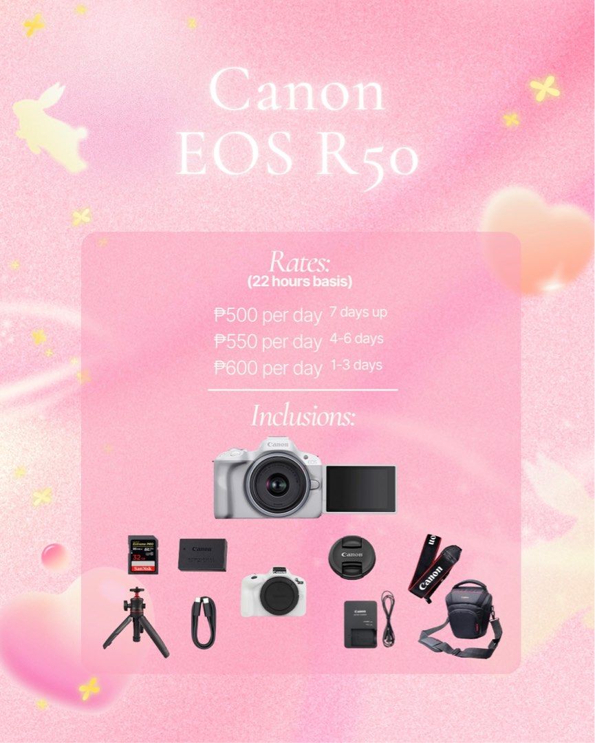 Canon EOS R50 FOR RENT (Category: Cameras) located in Manila. Submitted by waldorfsupremacy (Listing ID 1402266386, Image 2). Description: now accepting reservations for november 🤍🪽 available units: ᯓ𝜗𝜚⊹ g7x mark ii ᯓ𝜗𝜚⊹ ricoh gr iii x ᯓ𝜗𝜚⊹ eos r50 ᯓ𝜗𝜚⊹ eos 3000d ᯓ𝜗𝜚⊹ osmo pocket 3 ᯓ𝜗𝜚⊹ insta360 x3 ᯓ𝜗𝜚⊹ dji neo drone why pay more when u can get more with us?💖 ⊹ ࣪ ˖ rent now and enjoy all in packages — no hidden fees, no extra cha