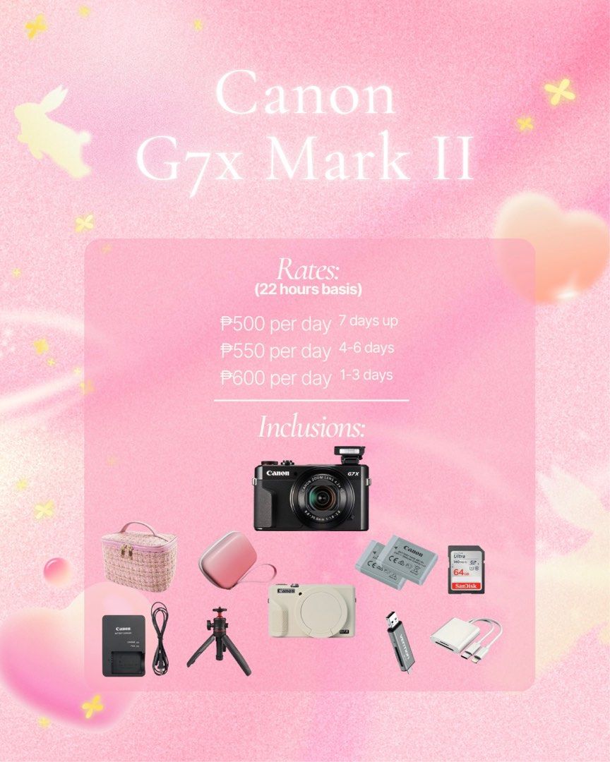 Canon G7X MARK II FOR RENT (Category: Cameras) located in Manila. Submitted by waldorfsupremacy (Listing ID 1402266582, Image 2). Description: now accepting reservations 🤍🪽 also available in other units: ᯓ𝜗𝜚⊹ g7x mark ii ᯓ𝜗𝜚⊹ ricoh gr iii x ᯓ𝜗𝜚⊹ eos r50 ᯓ𝜗𝜚⊹ eos 3000d ᯓ𝜗𝜚⊹ osmo pocket 3 ᯓ𝜗𝜚⊹ insta360 x3 ᯓ𝜗𝜚⊹ dji neo drone why pay more when u can get more with us?💖 ⊹ ࣪ ˖ rent now and enjoy all in packages — no hidden fees, no extr