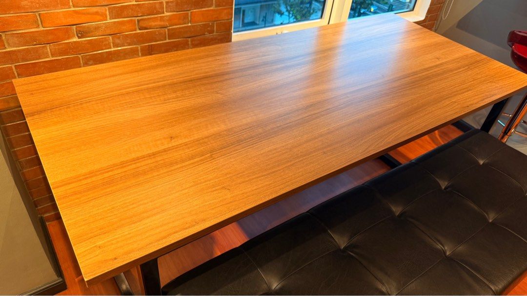 Customized Dining Table and Bench (Category: Tables & Sets) located in Taguig. Submitted by chmsells (Listing ID 1402255111, Image 3). Description: Customized Dining Table and Bench Table: Marine plywood laminated tabletop Tubular square steel frame leg/base Bench: Cushioned leather seat Tubular square steel frame leg/base Measurements (approx) Dining table (L x W x H): 71.2 x 31.8 x 29.5 inches Dining bench (L x W x H): 59.5 x 20 x 20.5 inches R