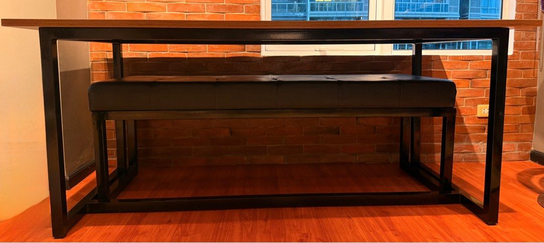 Customized Dining Table and Bench (Category: Tables & Sets) located in Taguig. Submitted by chmsells (Listing ID 1402255111, Image 2). Description: Customized Dining Table and Bench Table: Marine plywood laminated tabletop Tubular square steel frame leg/base Bench: Cushioned leather seat Tubular square steel frame leg/base Measurements (approx) Dining table (L x W x H): 71.2 x 31.8 x 29.5 inches Dining bench (L x W x H): 59.5 x 20 x 20.5 inches R