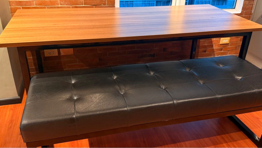 Customized Dining Table and Bench (Category: Tables & Sets) located in Taguig. Submitted by chmsells (Listing ID 1402255111, Image 1). Description: Customized Dining Table and Bench Table: Marine plywood laminated tabletop Tubular square steel frame leg/base Bench: Cushioned leather seat Tubular square steel frame leg/base Measurements (approx) Dining table (L x W x H): 71.2 x 31.8 x 29.5 inches Dining bench (L x W x H): 59.5 x 20 x 20.5 inches R