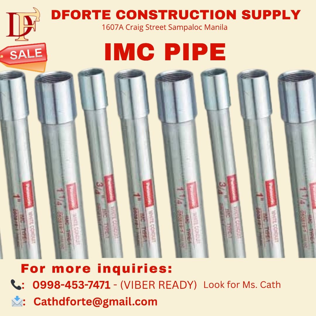 IMC PIPE (Category: Construction & Building Materials) located in Caloocan City. Submitted by dforte_ms.cath (Listing ID 1402117245, Image 1). Description: DFORTE CONSTRUCTION SUPPLY Excellence is our forte — your satisfaction is our priority. Construction Tools supplies hand tools, power tools, safety gear, hardware, tie down equipment, rope, chain, & cable. Office & Pick-Up Location: 1607A Craig Street, Sampaloc, Manila Contact Person: Ms. Cath