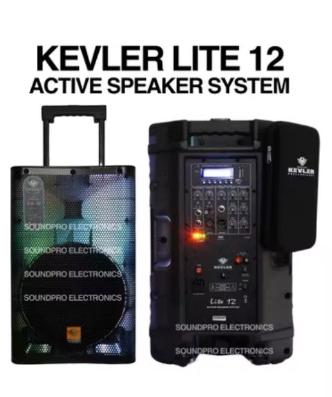 Kevler Lite 12 Active Speaker System (Category: Soundbars, Speakers & Amplifiers) located in Valenzuela. Submitted by ryu12 (Listing ID 1402276392, Image 1). Description: -Kevler Lite 12 Active Speaker System. -Features a built-in control panel with various input options. -Includes a handle and wheels for easy transport. -speaker and charger only, NO MIC included - Di laspag, minsan lang magamit.