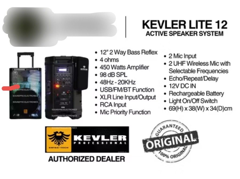 Kevler Lite 12 Active Speaker System (Category: Soundbars, Speakers & Amplifiers) located in Valenzuela. Submitted by ryu12 (Listing ID 1402276392, Image 2). Description: -Kevler Lite 12 Active Speaker System. -Features a built-in control panel with various input options. -Includes a handle and wheels for easy transport. -speaker and charger only, NO MIC included - Di laspag, minsan lang magamit.