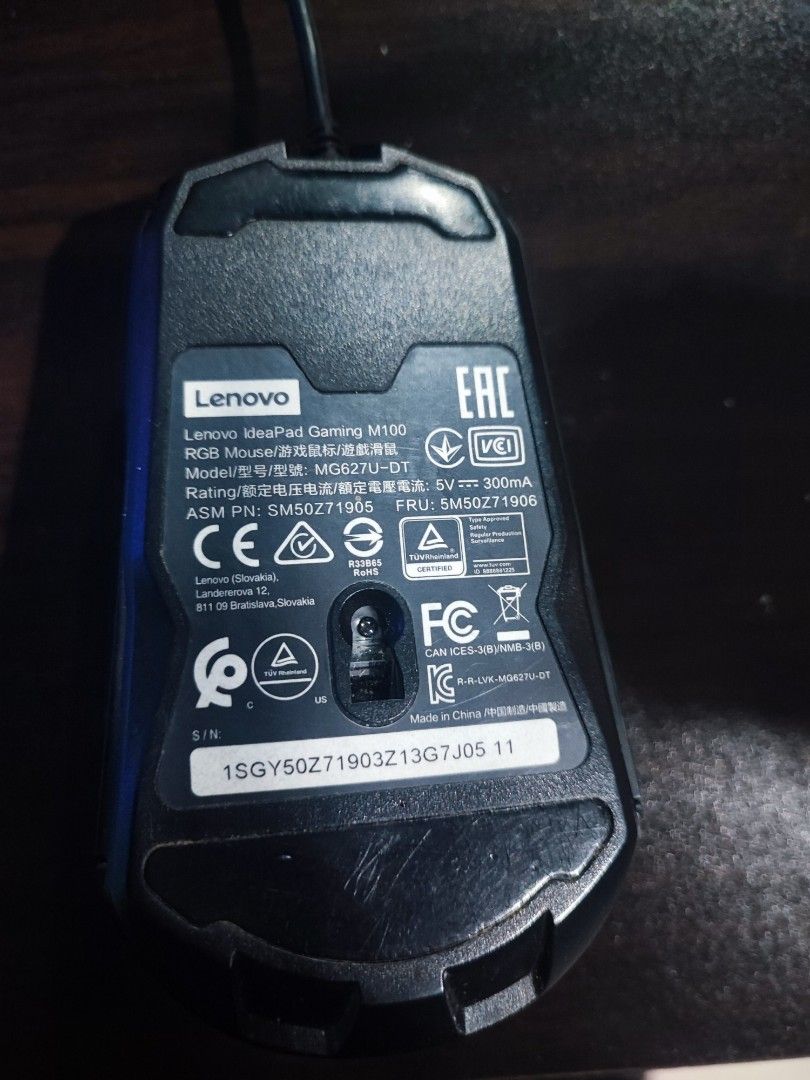 Lenovo IdeaPad Gaming M100 Mouse (Category: Mouse & Mousepads) located in Kalibo. Submitted by sparkfinds_32 (Listing ID 1402222858, Image 2). Description: Lenovo IdeaPad Gaming M100 RGB Mouse Model: GY50Z71902 DPI: 800 / 1600 / 2400 / 3200 Polling Rate: 1000 Hz Buttons: 7 (with 2 side buttons RGB lighting (7 colors) Condition: few visible scratches Used but not abused No box included Shipping will be shouldered by the buyer.