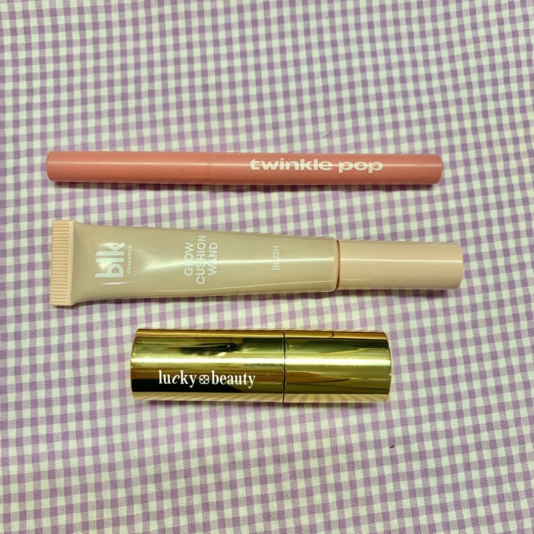 Lightly used makeup (Category: Makeup) located in Quezon City. Submitted by closet.decluttered (Listing ID 1402277592, Image 1). Description: Opened makeup, all used once or twice only Twinkle Pop Over Lip Pencil 01 Cool Pink - ₱100 BLK Cosmetics Glow Cushion Wand Blush in Rose - ₱100 Lucky Beauty Mini Dewy Lip Stain in Smitten - ₱100 Mode of payment: BDO or GCash Mode of delivery: Lalamove, Grab or J&T Express Located in Balintawak, Quezon City.