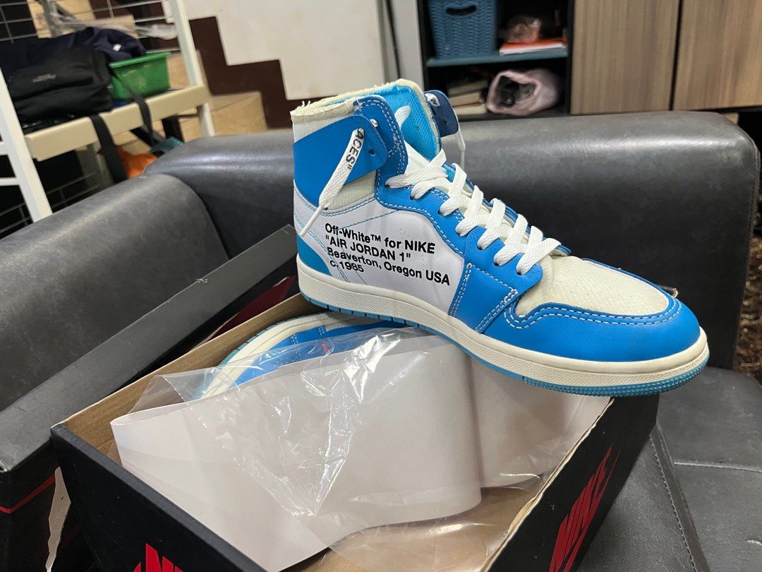 Off-White x Nike Air Jordan 1 UNC (Category: Sneakers) located in Caloocan City. Submitted by kuridakanne (Listing ID 1402225044, Image 2). Description: UA Sneakers OFF-WHITE X AIR JORDAN 1 RETRO HIGH UNIVERSITY BLUE.