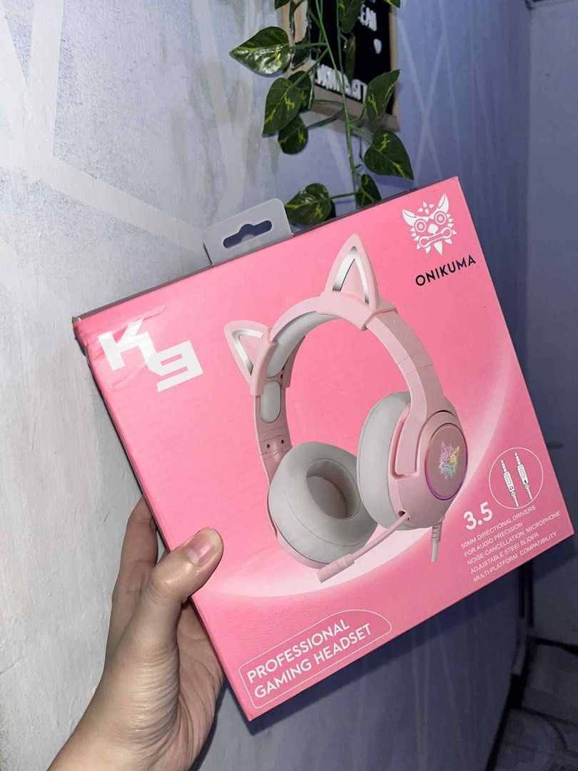 Onikuma K9 Professional Gaming Headset Pink Cat ear design (Category: Headphones & Headsets) located in Antipolo. Submitted by gossipgurlxoxo (Listing ID 1402181971, Image 1). Description: - never been used, tested lang - producing high quality sounds - soft earmuffs -headbeam can be adjusted - very clear and noise cancelling mic - has rgb led light feature - cat ear design is detachable - slightly negotiable price, just offer :).