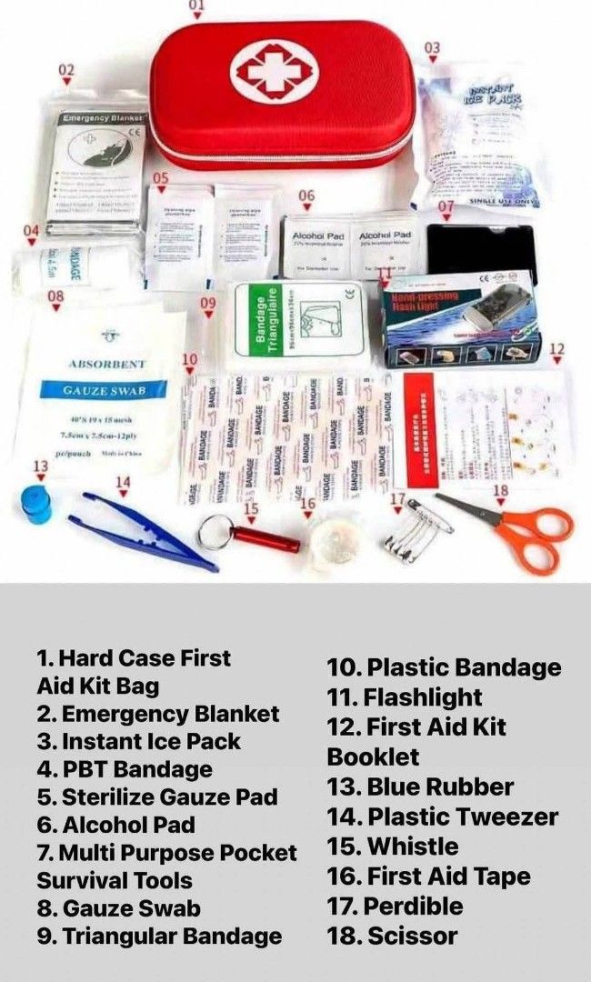Red First Aid Kit (Category: Medical Supplies & Tools) located in Mandaluyong City. Submitted by shopmla (Listing ID 1402194499, Image 2). Description: Compact first aid kit in a red hard case. Includes essential items like an emergency blanket, alcohol pads, gauze swabs, plastic bandages, and a flashlight. Also contains a whistle, scissors, and tweezers. The case measures approximately 21cm x 13cm x 5.5cm. Perfect for home, travel, or outdoor ac
