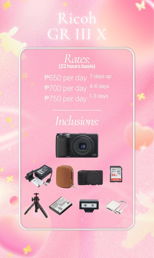 Ricoh GRIIIX FOR RENT (Category: Cameras) located in Manila. Submitted by waldorfsupremacy (Listing ID 1402265274, Image 2). Description: now accepting reservations for november 🤍🪽 available units: ᯓ𝜗𝜚⊹ g7x mark ii ᯓ𝜗𝜚⊹ ricoh gr iii x ᯓ𝜗𝜚⊹ eos r50 ᯓ𝜗𝜚⊹ eos 3000d ᯓ𝜗𝜚⊹ osmo pocket 3 ᯓ𝜗𝜚⊹ insta360 x3 ᯓ𝜗𝜚⊹ dji neo drone why pay more when u can get more with us?💖 ⊹ ࣪ ˖ rent now and enjoy all in packages — no hidden fees, no extra char