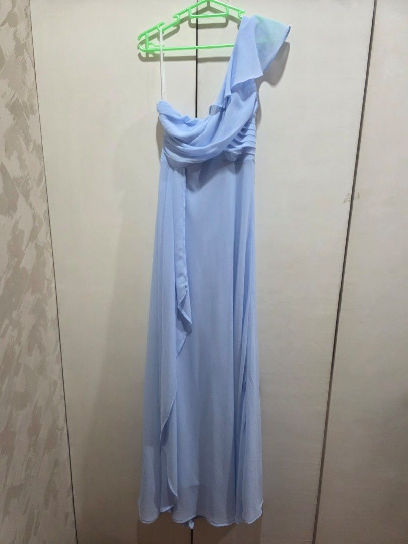 SHEIN Belle One-Shoulder Maxi Dress (Category: Dresses) located in Manila. Submitted by steffiesells (Listing ID 1402276847, Image 2). Description: - SHEIN Belle Maxi Dress - One-shoulder design - Light blue color - Ruffled shoulder detail - Soft, lightweight fabric - Flowing skirt - Ideal for special occasion -hemmed to fit 5'7 -used only oncr.