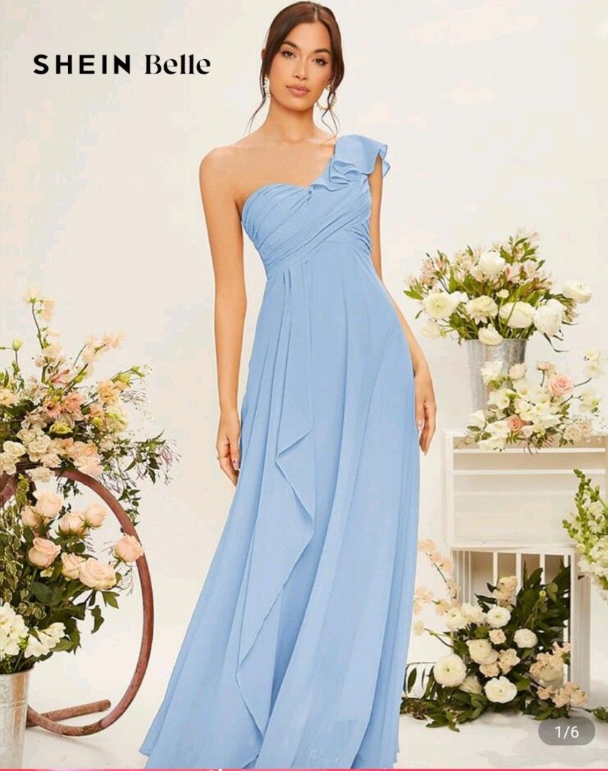 SHEIN Belle One-Shoulder Maxi Dress (Category: Dresses) located in Manila. Submitted by steffiesells (Listing ID 1402276847, Image 1). Description: - SHEIN Belle Maxi Dress - One-shoulder design - Light blue color - Ruffled shoulder detail - Soft, lightweight fabric - Flowing skirt - Ideal for special occasion -hemmed to fit 5'7 -used only oncr.