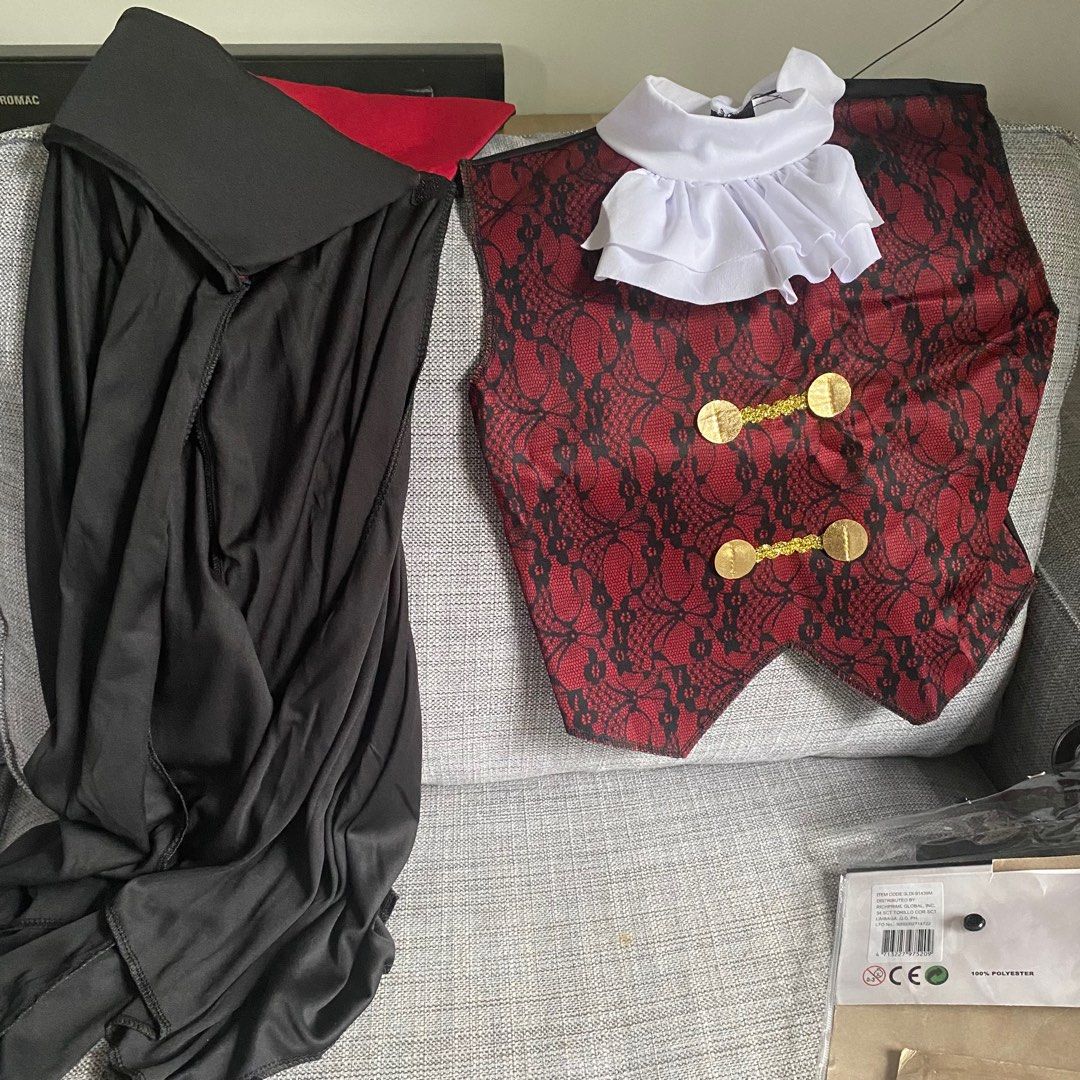 Vampire Children's Costume (Category: Babies & Kids Fashion) located in Taguig. Submitted by mixmix16 (Listing ID 1402102714, Image 2). Description: Spooky vampire costume for kids! Includes vest with jabot and cape. Available in Medium (110-120cm). Will fit 5-6 years old, can also fit a 7year old with skinny body type. Just pair it with any black pants bought for 650 pesos but not worn.