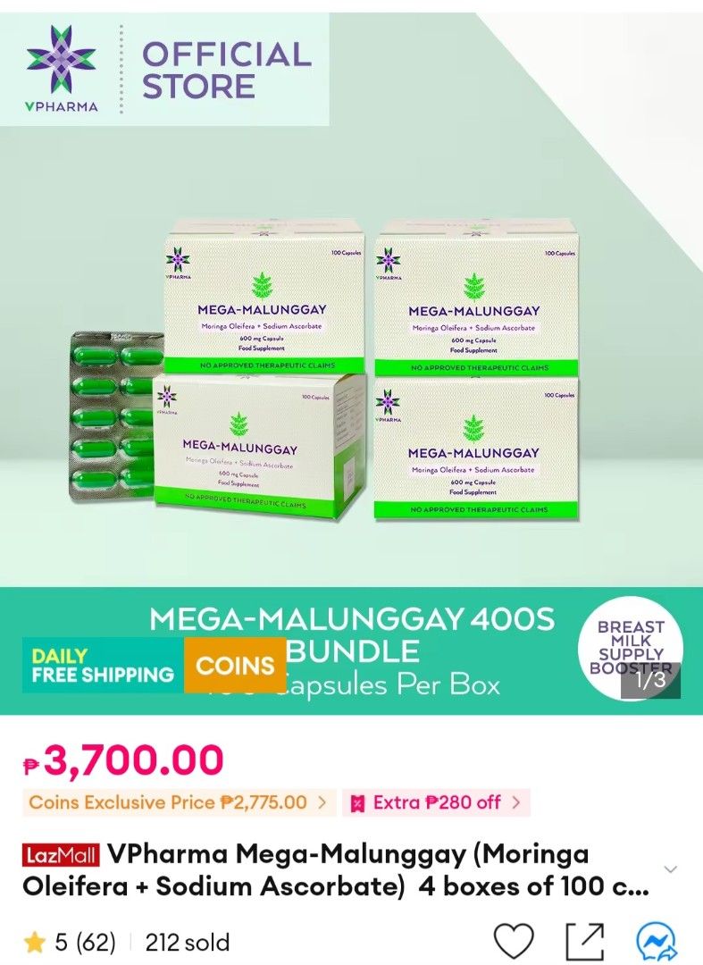 VPharma Mega-Malunggay 400S Bundle (Category: Health Food, Drinks & Tonics) located in Caloocan City. Submitted by kkkarenlim (Listing ID 1402112217, Image 1). Description: 1 box for 850 (original price 925) take all 4 boxes for 3000 (orig price 3.7k) Ships from QC.