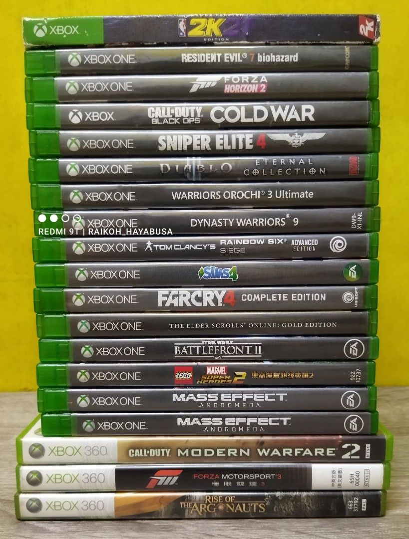 Xbox One, Xbox Series X & Xbox 360 Games (Category: Xbox) located in Dasmarinas. Submitted by nixx_hayabusa (Listing ID 1402276815, Image 1). Description: Xbox One, Xbox Series X and Xbox 360 Games For Sale Xbox One & Xbox Series X Game Titles: The Elder Scrolls Online: GOLD EDITION 200 Resident Evil 7: BIOHAZARD 600 (SOLD) Forza Horizon 2 600 (SOLD) Diablo III Eternal Collection 800 Warriors Orochi 3 Ultimate 500 Dynasty Warriors 9 500 Mass Effe