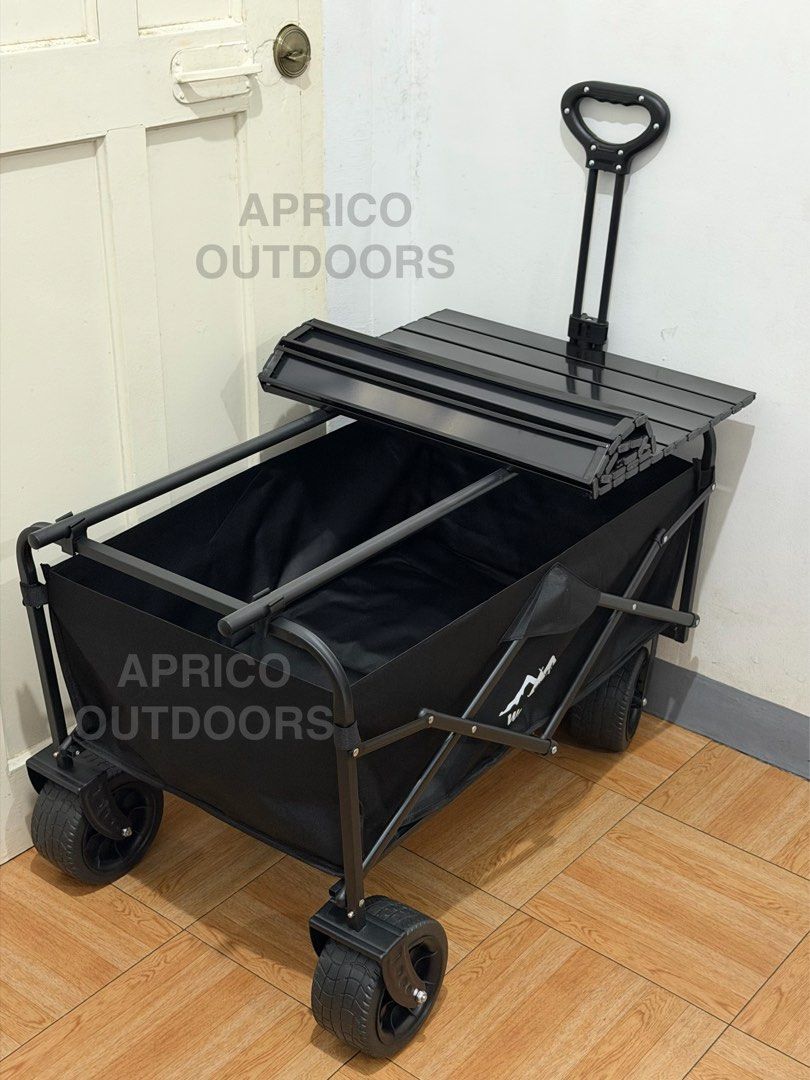 8-inch wheels 90cm long Folding Wagon Trolley with Tabletop (Category: Hiking & Camping) located in Makati City. Submitted by apricooutdoors (Listing ID 1402415598, Image 2). Description: Brand new Wagon only - P2,200 Wagon + Tabletop - P2,800 .