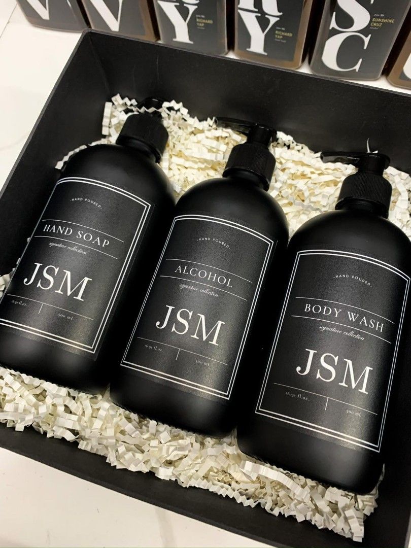 Customized Soap and Alcohol Gift Set (Category: Bath) located in Quezon City. Submitted by alwaysdeclutter (Listing ID 1402361648, Image 2). Description: Elegant gift sets perfect for any occasion. Each set includes beautifully packaged hand soap, alcohol, and body wash. Available in various styles, including black and white bottles with minimalist labels, and brown bottles with personalized labels. Ideal for gifting or personal use..