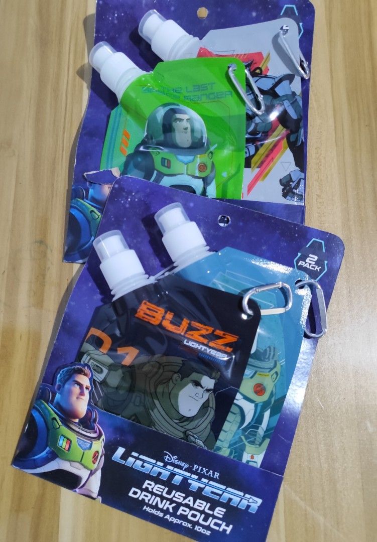 Disney Pixar's Buzz Lightyear Reusable Drink Pouch 10oz, 2 per Pack (Category: Water Bottles & Tumblers) located in Minalin. Submitted by easyshoppe15 (Listing ID 1402471780, Image 1). Description: 2 - Reusable Drink Pouch Holds Approx. 10oz Buy 1 Get 1 for P500 P300 per pack Black and Blue Buzz Lightyear Pouches Green and White Buzz Lightyear Pouches.
