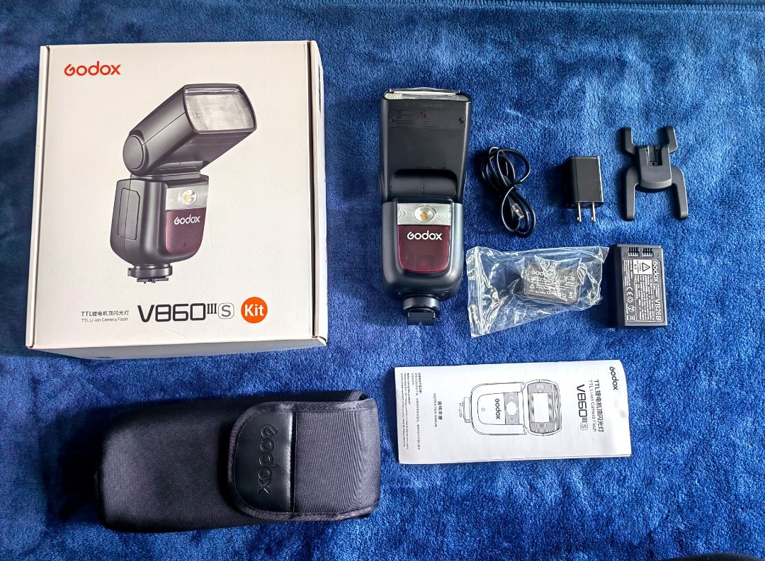 Godox V860IIIS Speedlite Flash (Category: Flashes) located in Quezon City. Submitted by paperwinkel (Listing ID 1402331078, Image 1). Description: - Godox V860IIIS Speedlite Flash - Features a clear display screen - Includes menu, zoom, and mode selection buttons - Flash head is tiltable for versatile lighting - Model number V860IIIS is printed on the flash body 9k negotiable.