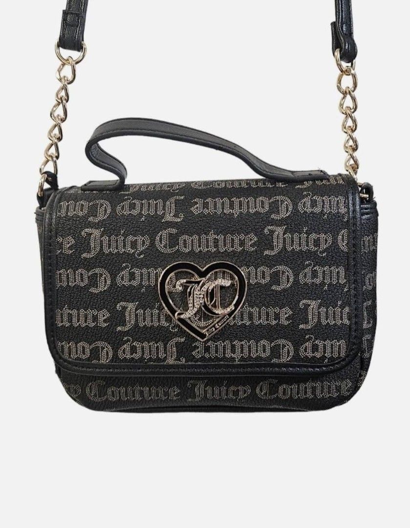 Juicy Couture Crossbody Bag (Category: Cross-body Bags) located in Quezon City. Submitted by aicabago (Listing ID 1402441119, Image 1). Description: Black crossbody bag from Juicy Couture. Features a chain strap and a top handle. The bag is adorned with the Juicy Couture logo in a repeating pattern. The front of the bag has a heart-shaped emblem with the brand's initials. The bag has a flap closure..