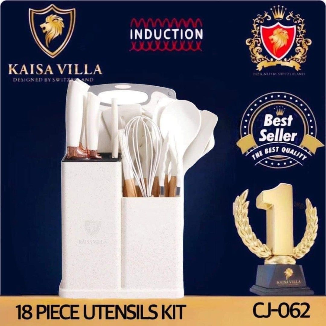 Kaisa Villa 18 Piece Kitchen Utensils Set (Category: Other Kitchenware & Tableware) located in Manila. Submitted by haideee (Listing ID 1402381293, Image 1). Description: Complete your kitchen with this Kaisa Villa 18-piece kitchen utensil set. It includes various utensils, knives, and a holder. Available in black and white. The set is designed in Switzerland and suitable for induction cooktops. It also comes with a cutting board and scissors. Pe