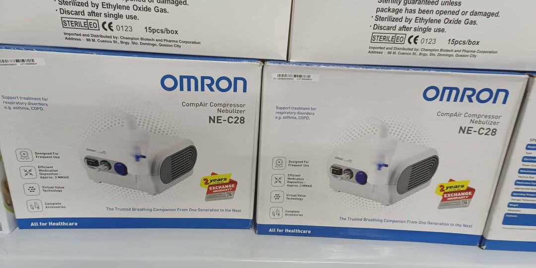 Omron CompAir Compressor Nebulizer NE-C28 / NE-C101 (Category: Medical Supplies & Tools) located in Quezon City. Submitted by noblebear_da8751 (Listing ID 1402366121, Image 1). Description: Omron CompAir Compressor Nebulizer. Available models are NE-C28 and NE-C101. Designed for frequent use. Supports treatment for asthma, COPD, and other respiratory conditions. Includes a 2-year exchange warranty. The trusted breathing companion from the special