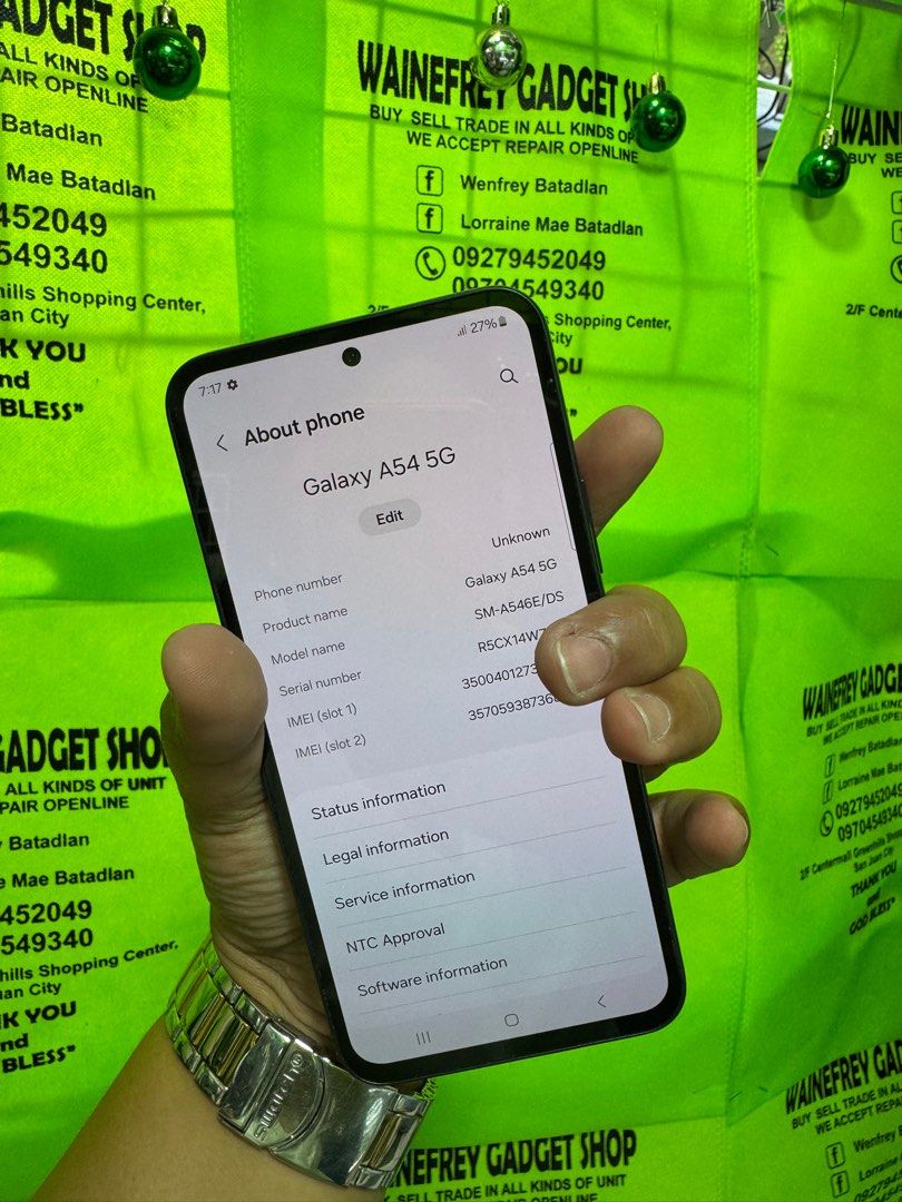 Samsung A54 5G 8/256 (Category: Samsung) located in San Juan City. Submitted by wainefreygadgetshop (Listing ID 1402322257, Image 3). Description: Samsung A54 5G 8/256gb (PLEASE SEARCH NYO NALANG FULL SPECS) ALL GOODS AT WORKING NO REPAIR HISTORY GAMING PHONE PEDE PANG BACK UP PHONE CAMERA SOBRANG LINAW ,makinis pede sa maarte bawal sa nag iinarte check to sawa bago bayaran. NO ISSUE GAWAN MO NALANG 😊 For fast transaction call/text 09279452049,0