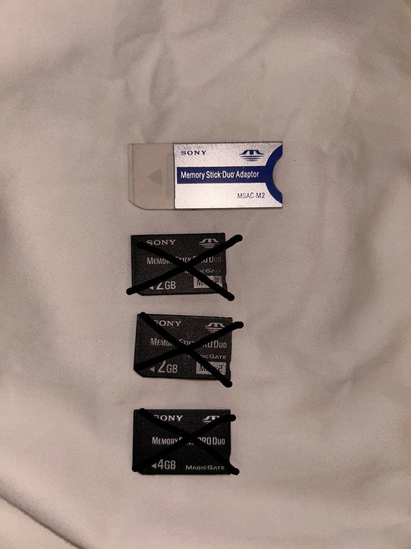 Sony Memory Stick Pro Duo & Adaptor (2GB, 4GB) (Category: Video Cameras) located in Cebu City. Submitted by _____08_____ (Listing ID 1373506707, Image 1). Description: All working 2GB - ₱ 200 (sold) 2GB - ₱ 200 (sold) 4GB - ₱ 350 (sold) ADAPTOR - ₱ 600 Negotiable!! Negotiable!! Rfs: extras .