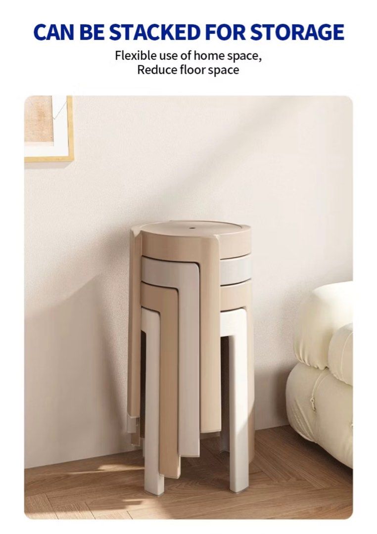 Stackable Stool - Durable and Space-Saving (Category: Chairs) located in Singapore. Submitted by fieryempire (Listing ID 1402340778, Image 2). Description: - Stackable design for easy storage. - Made from environmentally friendly LHFPP material. - Sturdy and can support up to 300kg. - Comfortable slightly concave seat. - Rounded corners for safety. - Ideal for guests or everyday use. - 33cm. Selling as a set.