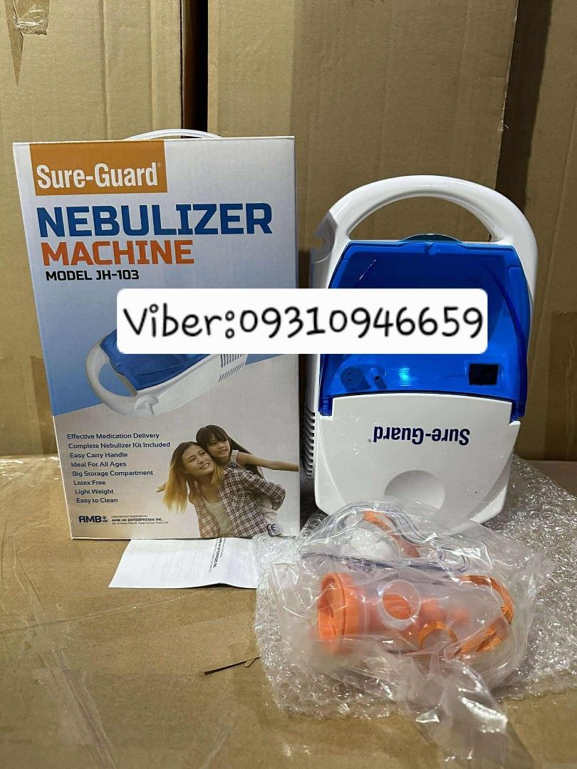 Sure-Guard Nebulizer Machine JH-103 (Category: Medical Supplies & Tools) located in Manila. Submitted by rheatapdas75609 (Listing ID 1402335911, Image 1). Description: - Sure-Guard Nebulizer Machine (Model: JH-103) - Effective medication delivery - Complete nebulization - Lightweight and portable - Easy to clean - Includes original box and accessories inquiries.