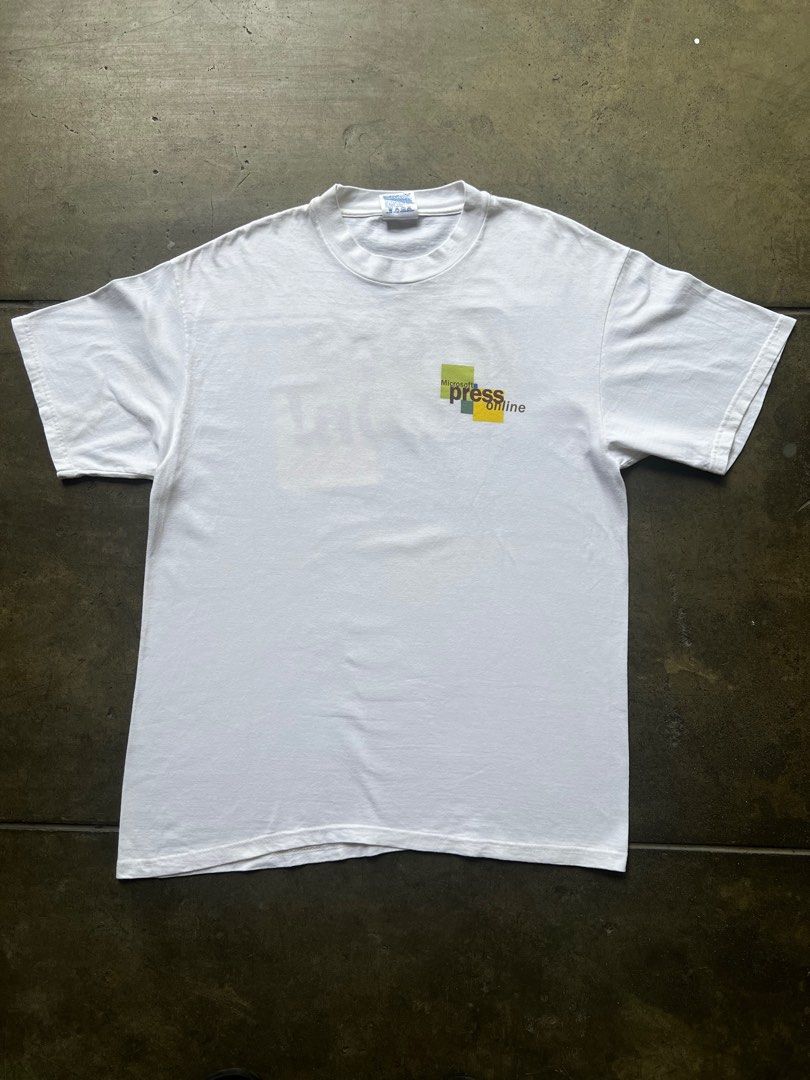 Vintage 1999 Microsoft Press Tech Tee White Shirt Large (Category: Tshirts & Polo Shirts ) located in Davao. Submitted by yuckrags (Listing ID 1402351664, Image 2). Description: Vintage 1999 Microsoft Press Tech Tee ‘90s Hanes tag Good vintage condition Flaws: some minor stains (see pics) Size L Measurements: 21.5 in (pit to pit) 30 in (shoulder to hem) Check out my IG @yuckrags for more!.