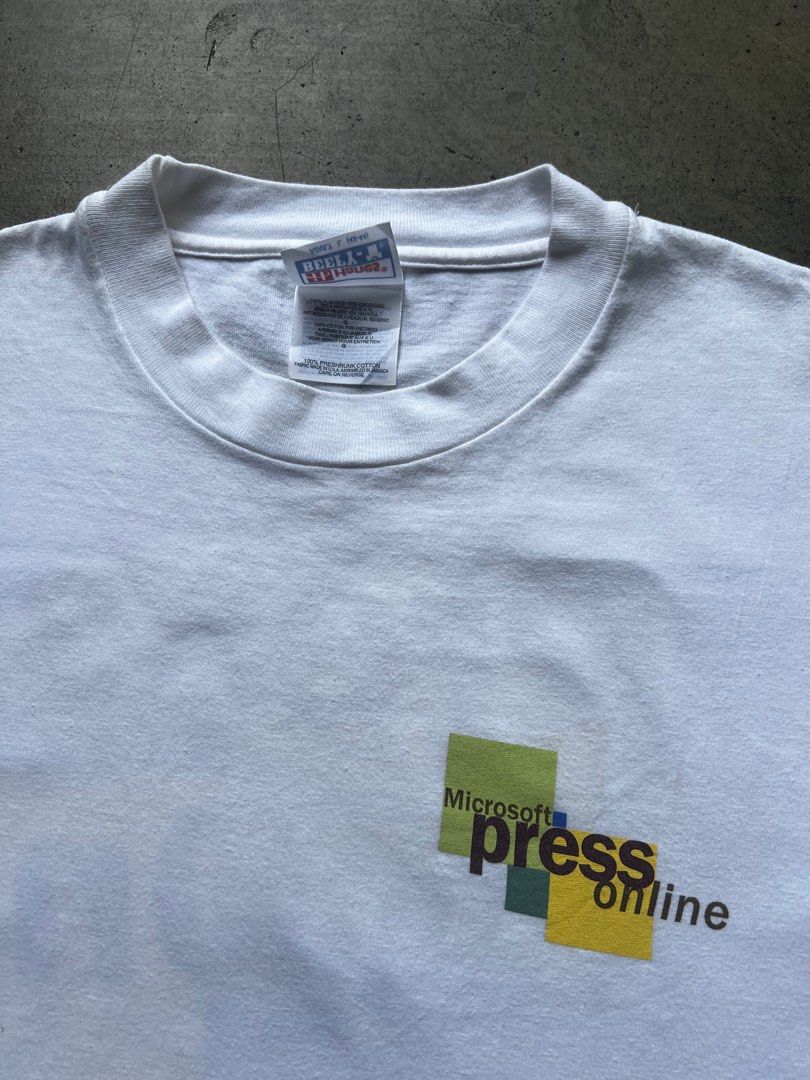 Vintage 1999 Microsoft Press Tech Tee White Shirt Large (Category: Tshirts & Polo Shirts ) located in Davao. Submitted by yuckrags (Listing ID 1402351664, Image 3). Description: Vintage 1999 Microsoft Press Tech Tee ‘90s Hanes tag Good vintage condition Flaws: some minor stains (see pics) Size L Measurements: 21.5 in (pit to pit) 30 in (shoulder to hem) Check out my IG @yuckrags for more!.