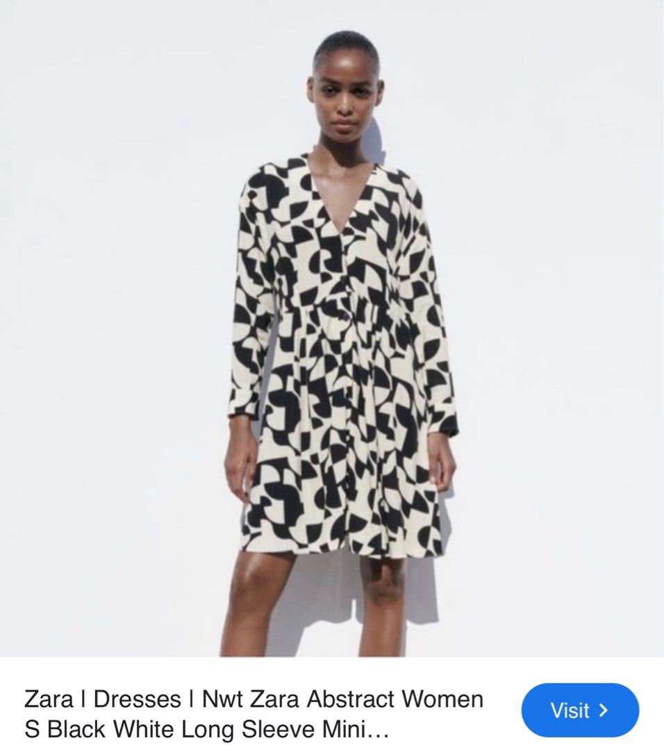 Zara Abstract Print Mini Dress (Category: Dresses) located in Cavite. Submitted by hardt0get (Listing ID 1402476266, Image 1). Description: Zara mini dress featuring an abstract black and white print. It has a V-neckline and long sleeves. The dress has a button-down front and is labeled as size S. Made in Turkey. Can fit up to medium .