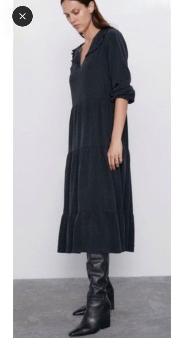 Zara Tiered Midi Dress (Category: Dresses) located in Santa Rosa. Submitted by bruna1017 (Listing ID 1402459438, Image 3). Description: - Zara black midi dress - V-neckline - Tiered design -Will fit up to medium - Relaxed fit - Flowy silhouette - Suitable for casual and dressy wear.