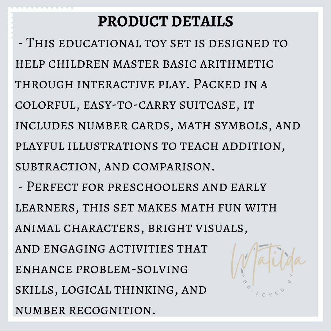 Addition & Subtraction Suitcase Fun Math Learning Kit for Kids (Category: Educational & Learning Toys) located in Quezon City. Submitted by matilda12204 (Listing ID 1381196598, Image 2). Description: Addition & Subtraction Suitcase Fun Math Learning Kit for Kids PRODUCT DETAILS - This educational toy set is designed to help children master basic arithmetic through interactive play. Packed in a colorful, easy-to-carry suitcase, it includes number 