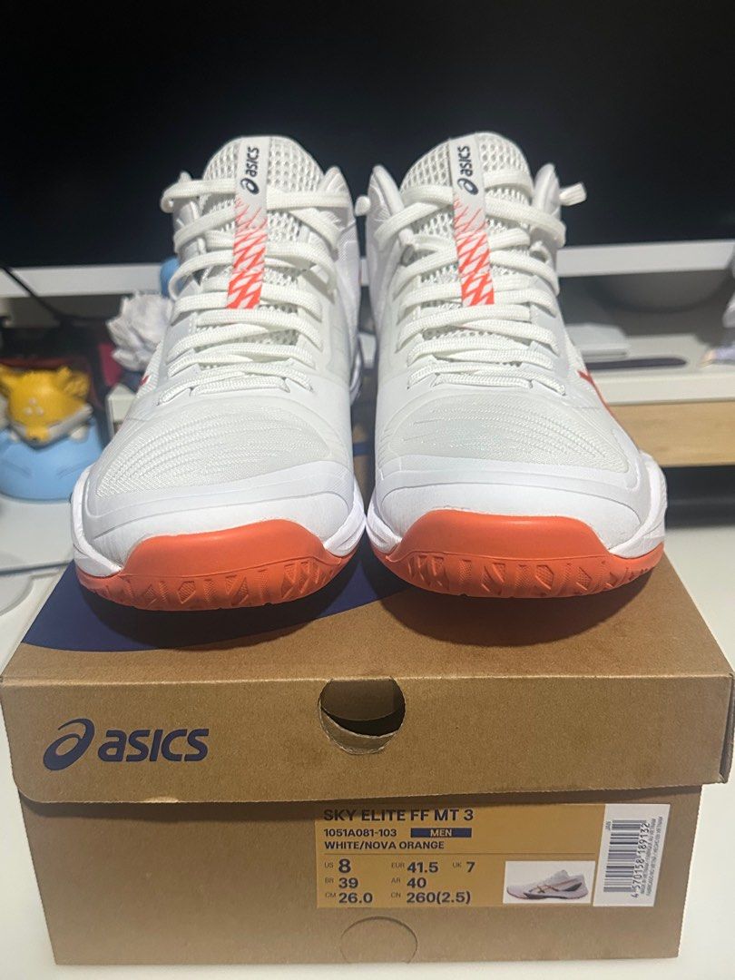 ASICS Sky Elite FF MT 3 Brand New Authentic (Category: Sneakers) located in Pasig City. Submitted by _dml. (Listing ID 1402594560, Image 2). Description: Authentic/Original Brand New ASICS Sky Elite FF MT 3 (D) White Nova Orange Size: US Mens: 8 US Women: 10 26.0cm UK Mens: 7 RFS: My Aunt bought the wrong size The SKY ELITE™ FF MT 3 indoor shoe helps you experience powerful jumps, allowing your game and mind to reach new heights.​ To create faste