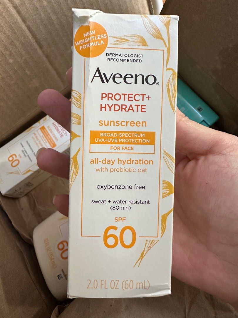Aveeno Sunscreen Protect + Hydrate SPF 60 (Category: Face Care) located in Quezon City. Submitted by unlearnedbotanist (Listing ID 1402524957, Image 1). Description: Brand new, selling low. Got from Amazon. EXP: 03/2027. Retails for P1200+. Can give discount if buying 2 pieces. RFS: No more island life for me..