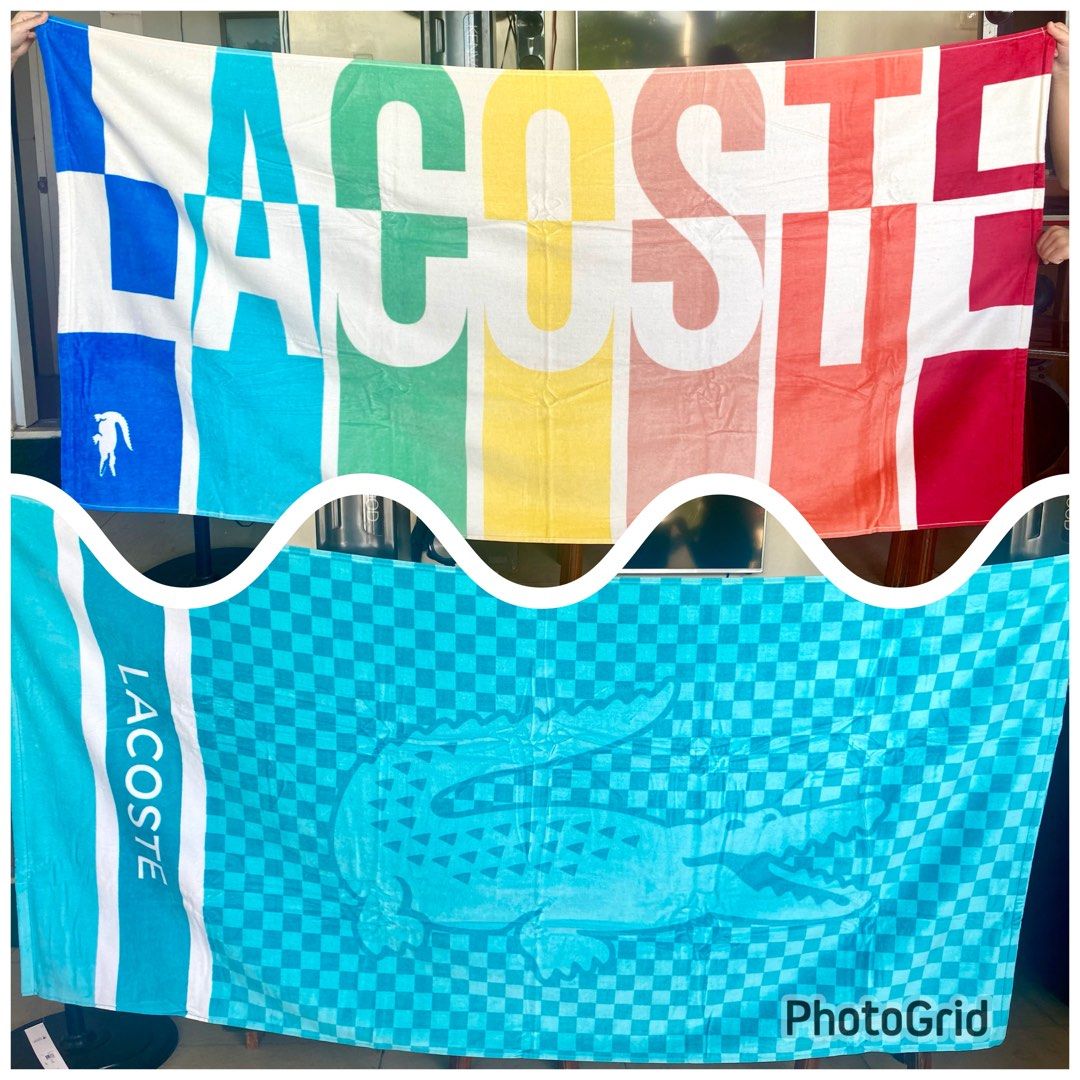 Lacoste Beach Towel (Category: Bedding & Towels) located in Quezon City. Submitted by titaus_cart (Listing ID 1402503183, Image 2). Description: - Brand new Lacoste beach towels - Available designs: - Blue with white stripes - Colorful stripes - Checkered pattern - Large Lacoste logo - Perfect for beach or pool use Big:36x72 inches 100% cotton.