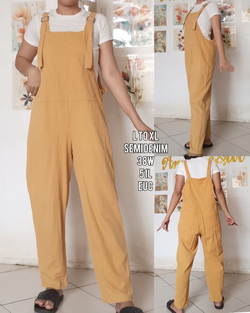 Mustard Yellow Semi-Denim Overalls (Category: Jumpsuits) located in Taguig. Submitted by dlonlineapparel (Listing ID 1402575692, Image 1). Description: Mustard yellow semi-denim overalls. Features adjustable straps and a straight leg design. The size is L to XL, with a 38W and 51L. Perfect for a casual and stylish look..
