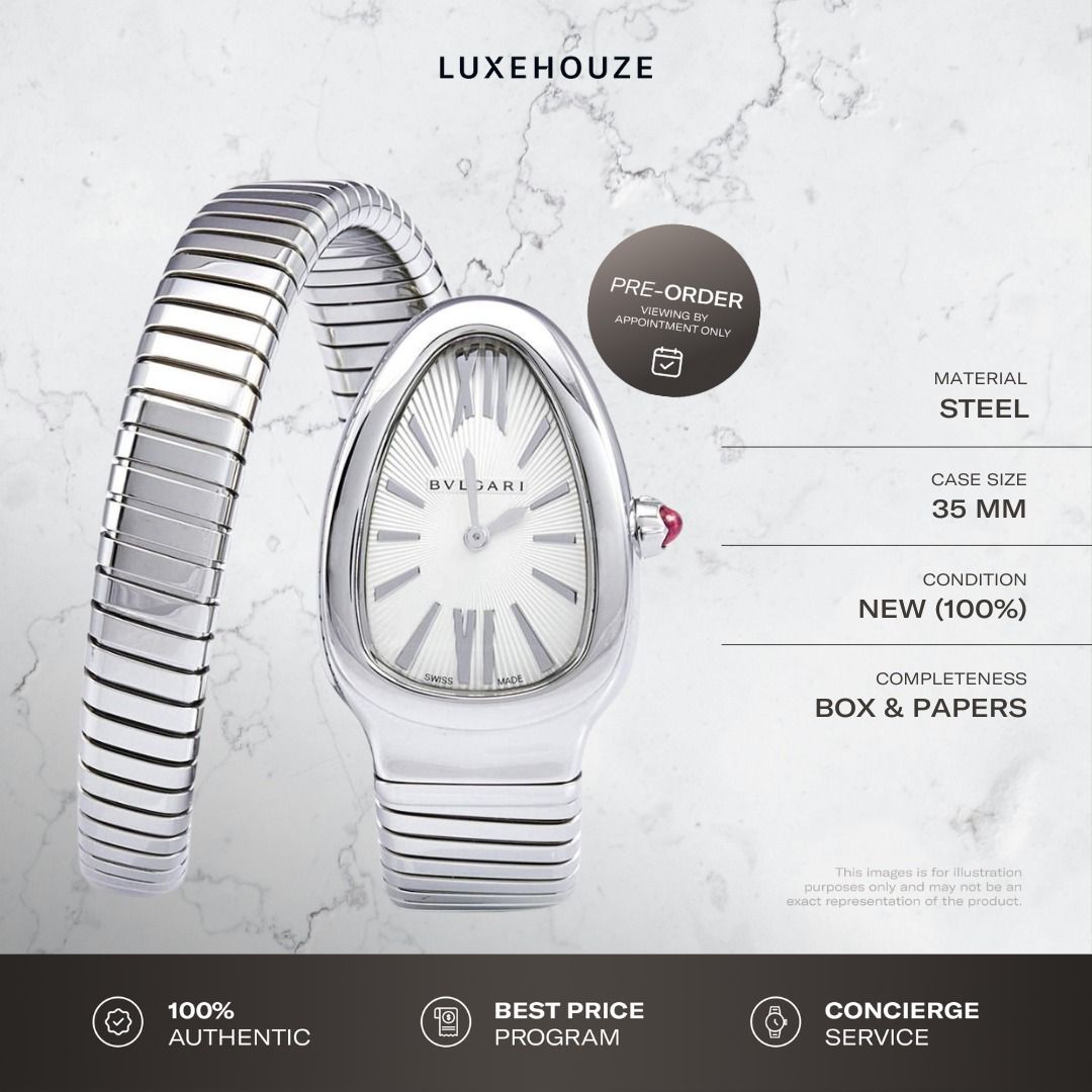 New Oct 2025 Bulgari Serpenti Tubogas Watch 101828 Silver (Category: Watches) located in Singapore. Submitted by luxehouze (Listing ID 1402306780, Image 1). Description: READY FOR EXTRA DEALS? Join our Community for special offers and latest arrivals! //bit.ly/LHWatchesSG Luxehouze is your trusted marketplace to buy and sell luxury goods. Luxehouze SG Pte Ltd is a licensed luxury goods marketplace and regulated dealer. WHY US? 100% Authentic with