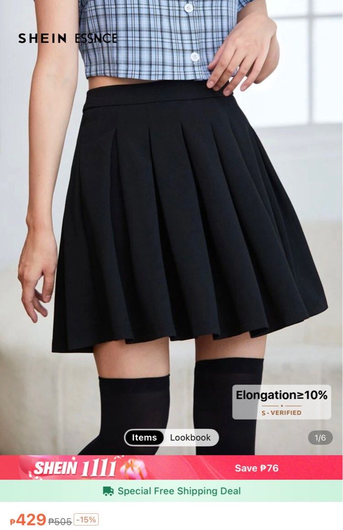 SHEIN Black Pleated Skirt (Category: Skirts) located in Davao. Submitted by keylatates (Listing ID 1402605682, Image 1). Description: Black pleated skirt from SHEIN. It has a mini length and a classic design. The skirt is made of a material with elongation of at least 10%. It is a versatile piece that can be styled for various occasions. .