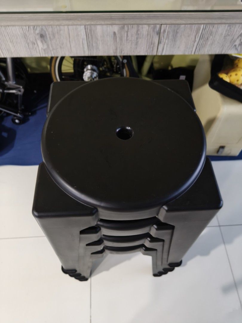 Stackable Black Plastic Stools (Category: Chairs) located in Singapore. Submitted by lyn_xu (Listing ID 1402658818, Image 2). Description: - Set of stackable black plastic stools - Perfect for extra seating - Great for small spaces - Durable and easy to clean - Ready for immediate use.