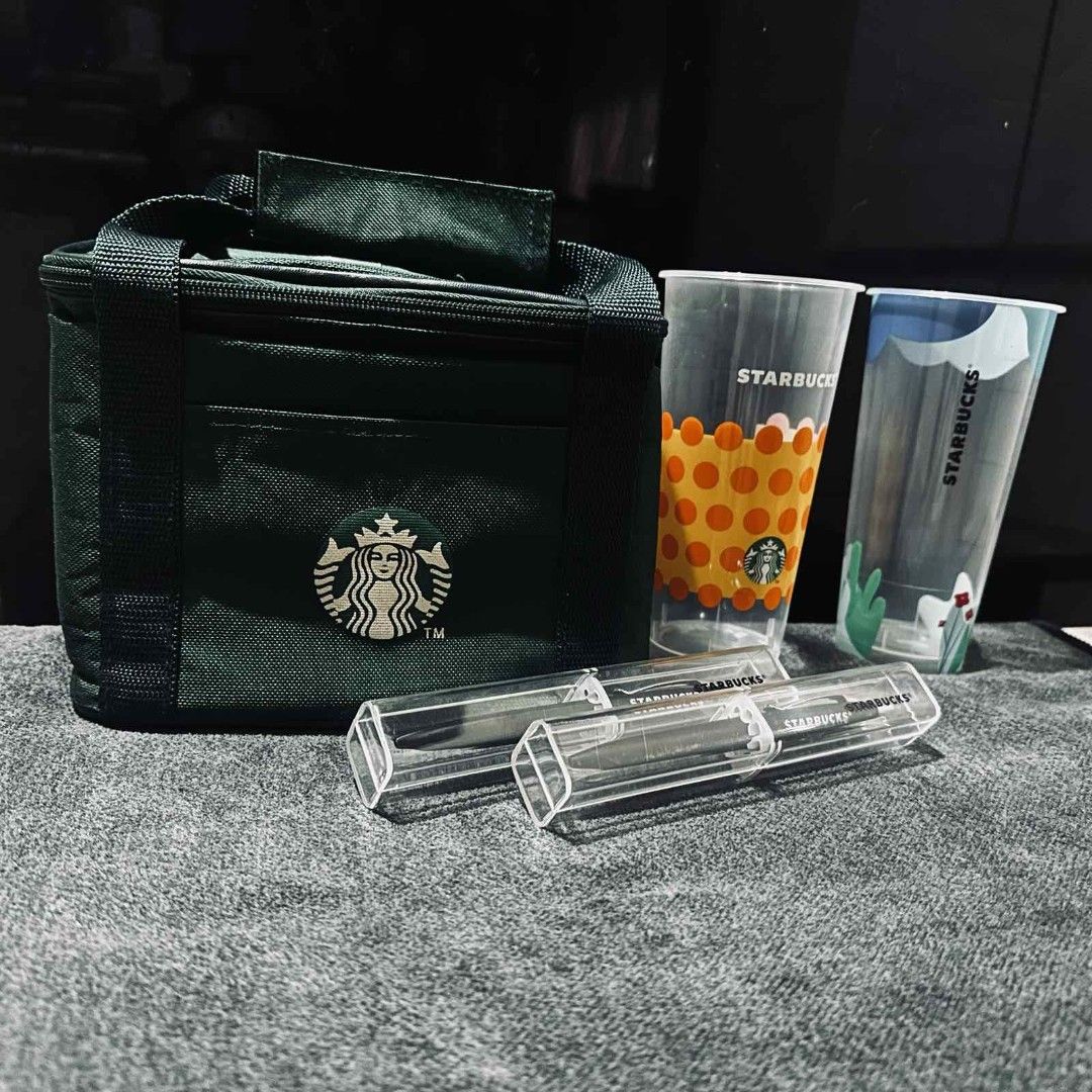 STARBUCKS Merch (Category: Coffee & Tea Tableware) located in Pateros City. Submitted by chichachanceonestopshoppe (Listing ID 1402607089, Image 1). Description: sold as pack 1 thermal bag 2 pens 5 glasses slightly negotiable rfs: decluttering/need funds 🥹 unused.