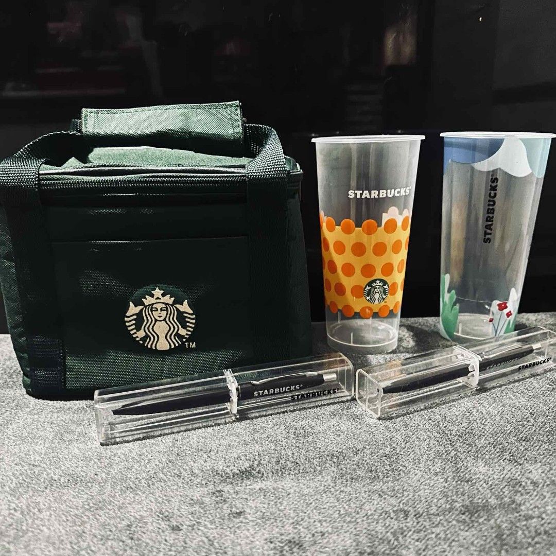 STARBUCKS Merch (Category: Coffee & Tea Tableware) located in Pateros City. Submitted by chichachanceonestopshoppe (Listing ID 1402607089, Image 3). Description: sold as pack 1 thermal bag 2 pens 5 glasses slightly negotiable rfs: decluttering/need funds 🥹 unused.