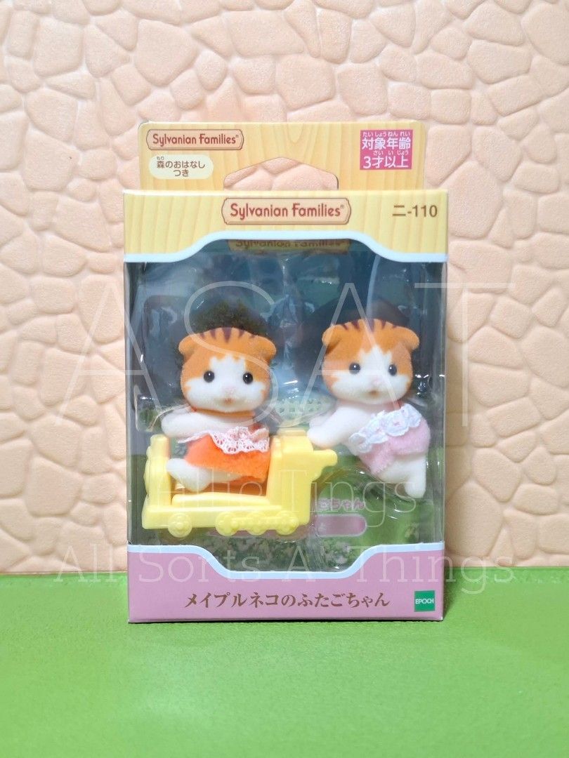 Sylvanian Families Maple Cat Twins (Category: Designer & Blind Box Toys) located in Valenzuela. Submitted by allsortsathings.mnl (Listing ID 1402575355, Image 1). Description: BRAND NEW AUTHENTIC - sylvanian families maple cat toddler twin set - yellow car LOC: Metro Manila MOP: Gcash.