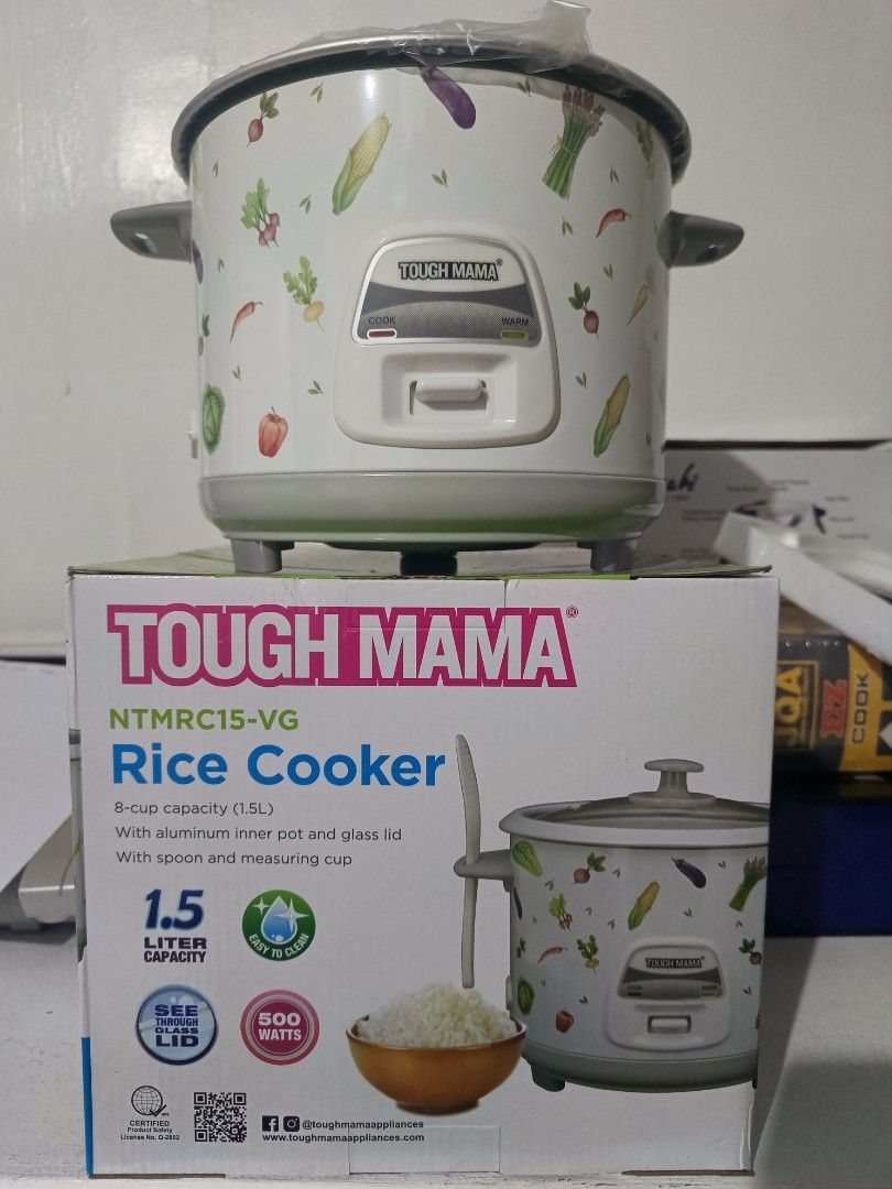 Tough Mama Rice Cooker NTM RC15-VG (Category: Cookers) located in Manila. Submitted by bebheange81665 (Listing ID 1402482079, Image 3). Description: Tough Mama rice cooker with 1.5L capacity. It has an 8-cup capacity and comes with an aluminum inner pot and glass lid. Includes a spoon and measuring cup. It has a 500W power rating and is easy to clean. The rice cooker has a vegetable pattern..